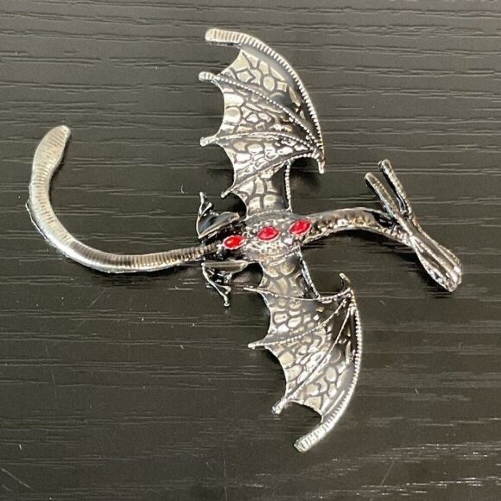 Dragon-Shaped Brooch Pin With Gun Metal Finish & Red Rhinestone Accents